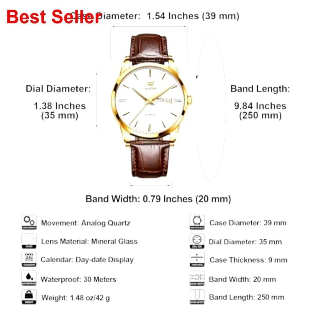 Men's Leather Watch Stainless Steel Analog Day Date Waterproof Luminous